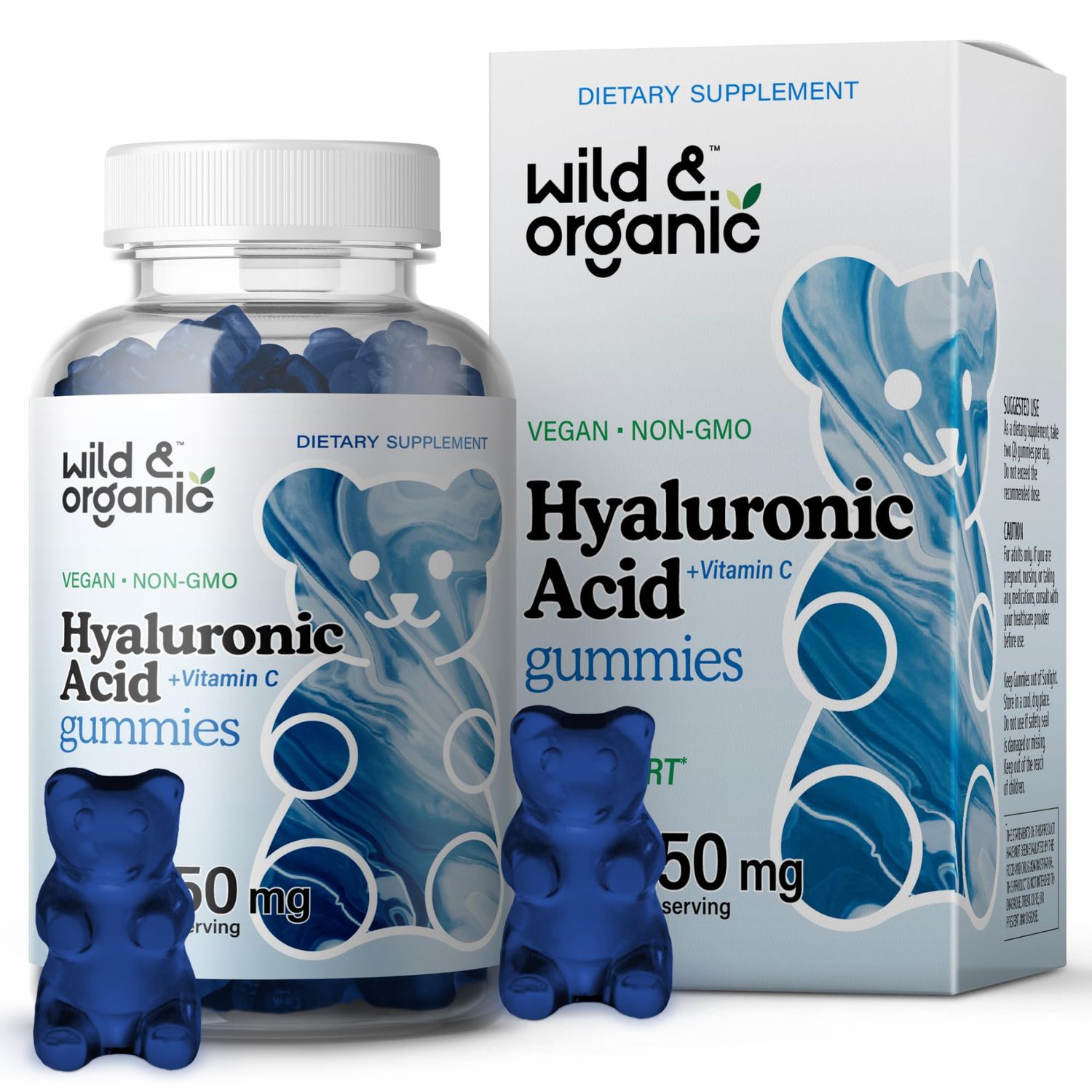 Wild Organic Hyaluronic Acid Gummies 250mg - Pure Hyaluronic Acid Supplements - Hair Skin and Nails Gummies wHA Powder - Skin Supplement wVitamin C - 60 Vegan Chewables
