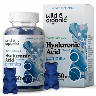 Wild Organic Hyaluronic Acid Gummies 250mg - Pure Hyaluronic Acid Supplements - Hair Skin and Nails Gummies wHA Powder - Skin Supplement wVitamin C - 60 Vegan Chewables