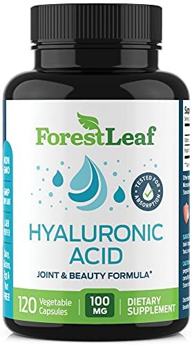 ForestLeaf Hyaluronic Acid Supplements 100mg High Bioavailable Dietary Hyaluronic Acid Capsules, Pills 50mg VIT C Supports Skin Hydration, Joint Lubrication, Anti-Aging, Hair Nails 120 Caps