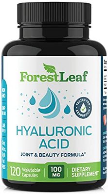 ForestLeaf Hyaluronic Acid Supplements 100mg High Bioavailable Dietary Hyaluronic Acid Capsules, Pills 50mg VIT C Supports Skin Hydration, Joint Lubrication, Anti-Aging, Hair Nails 120 Caps