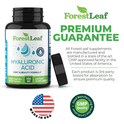 ForestLeaf Hyaluronic Acid Supplements 100mg High Bioavailable Dietary Hyaluronic Acid Capsules, Pills 50mg VIT C Supports Skin Hydration, Joint Lubrication, Anti-Aging, Hair Nails 120 Caps