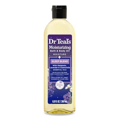Dr Teal&#39;s Moisturizing Bath Body Oil, Sleep Blend with Melatonin, Lavender Chamomile Essential Oils, 8.8 fl oz.