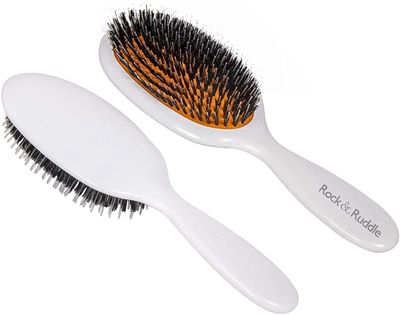 Rock Ruddle Natural Mixed Boar Bristle Hair Brush for Women and Kids (SmallTravel Size, 17.5cm - Perfect for Wet or Dry Hair, Detangling Smoothing Blowdrying - Made in UK - White Shimmer Design