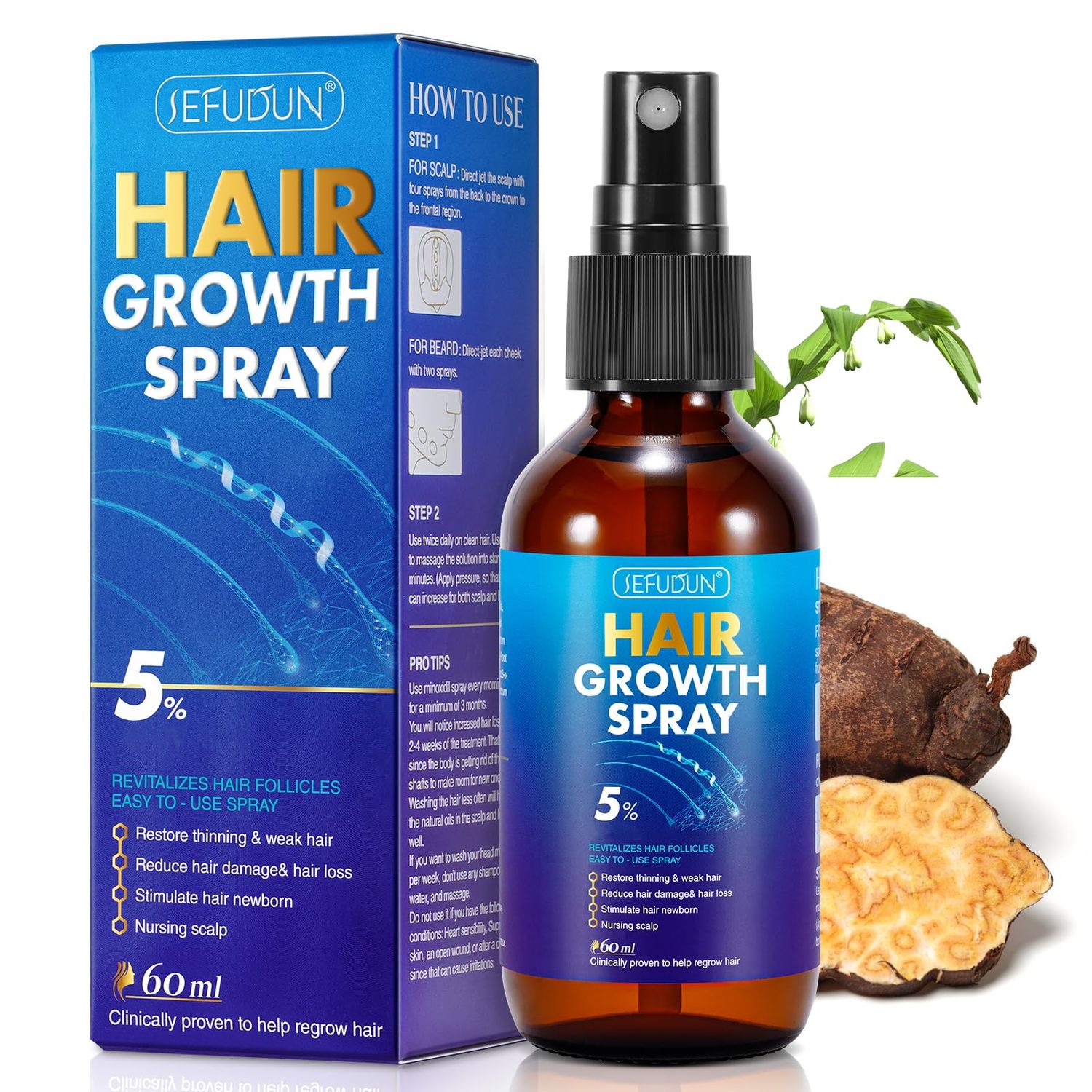 5 Minoxidil Spray for Men Women - Hair Regrowth Treatment Serum for Thicker Fuller Hair, Reduces Hair Loss Scalp Damage - 60ml (2.02 OZ) 2-Month Supply - Scalp Beard Use