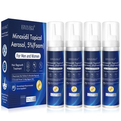 ERYLVEKA 5 minoxidil foam for men women - propylene glycol-free, fragrance-free hair regrowth treatment with biotin - 4-month supply kit (4x60g cans) for thinning hair patchy beards
