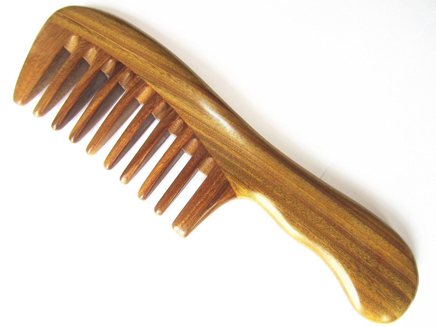 Myhsmooth Gsp-2w-wt Wide Tooth Wood Handmade Natural Green Sandalwood No Static Comb with Wavy Handle with Aromatic Scent for Detangling Curly Hair and Gift(7.4&quot;)