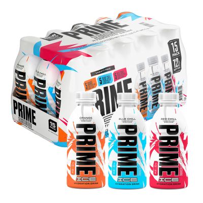 Prime ICE Hydration Variety Pack Smooth Refreshing Low-Calorie Sports Drink with 10 Coconut Water, 500 mg Electrolytes Zero Added Sugar, 12 fl oz Bottles, Pack of 15