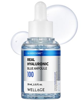 WELLAGE Real Hyaluronic Blue Ampoule 100, Fragrance Free Hyaluronic Acid Ampoule, Hydrating Non Sticky Serum for Sensitive Dry Skin, 1.01 fl.oz