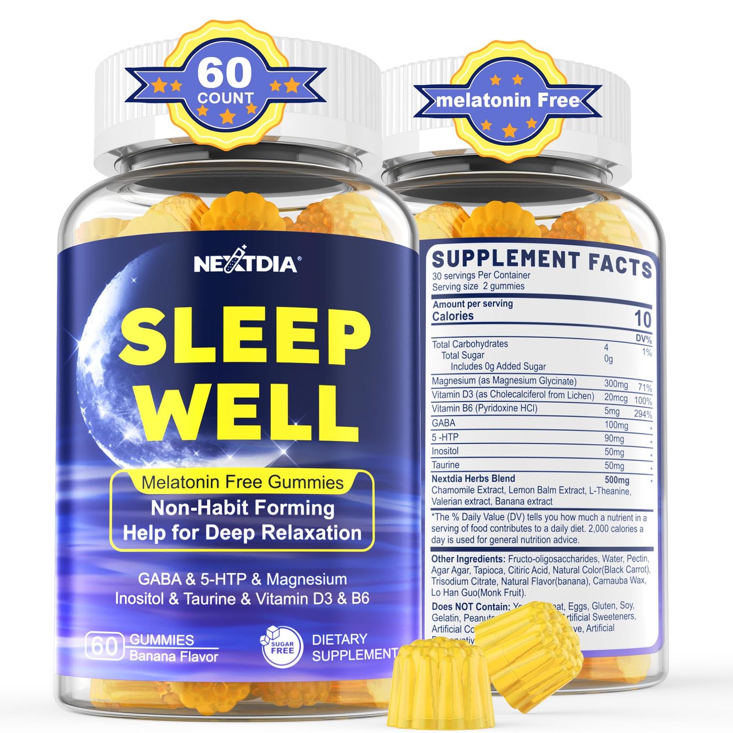 Melatonin Free Sleep Gummies with Magnesium Glycinate, GABA, 5-HTP, L-Theanine, Valerian, Chamomile, Lemon Balm, Vitamin D3 B6 - Hormone Drug- Free, Non-Habit Forming,Sugar Free