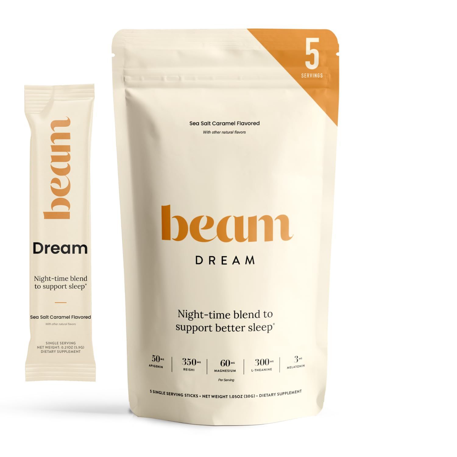 Beam Dream Sleep Powder, Sleep Aid, Sleep Aids for Adults, Contains Magnesium, Melatonin, L Theanine, Apigenin, Natural Sleep Supplement, Vegan, Non GMO, 3rd Party Tested, 5 Servings, Sea Salt Caramel