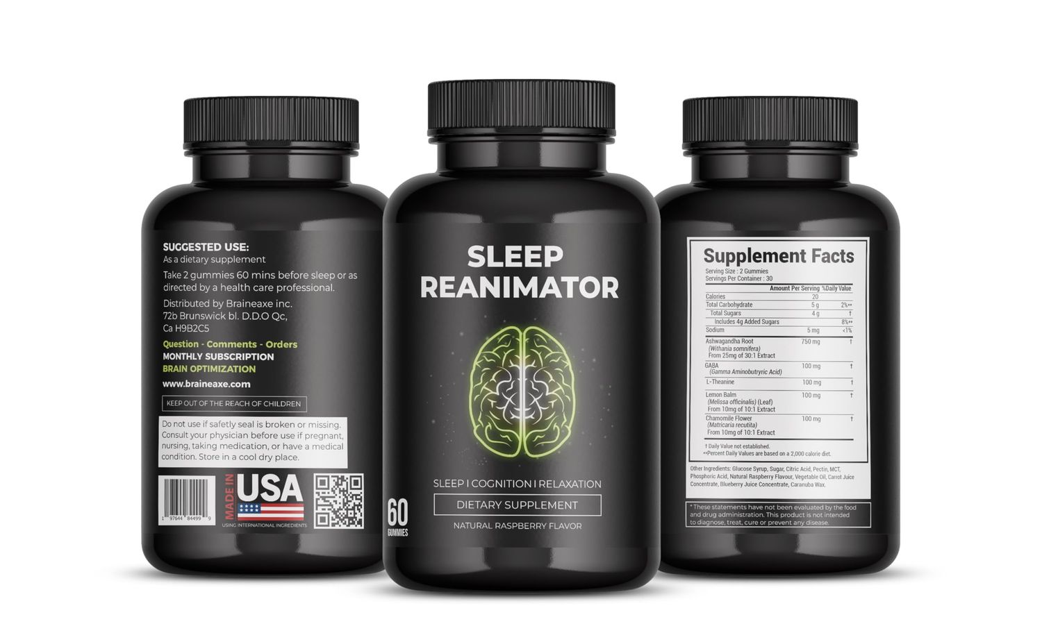 Sleep REANIMATOR - Natural Sleep Gummies for Relaxation, Cognitive Wellness - Ashwagandha, GABA, L Theanine, Lemonbalm, Chamomile - No Caffeine or Melatonin - Raspberry Flavor, 60 Chews