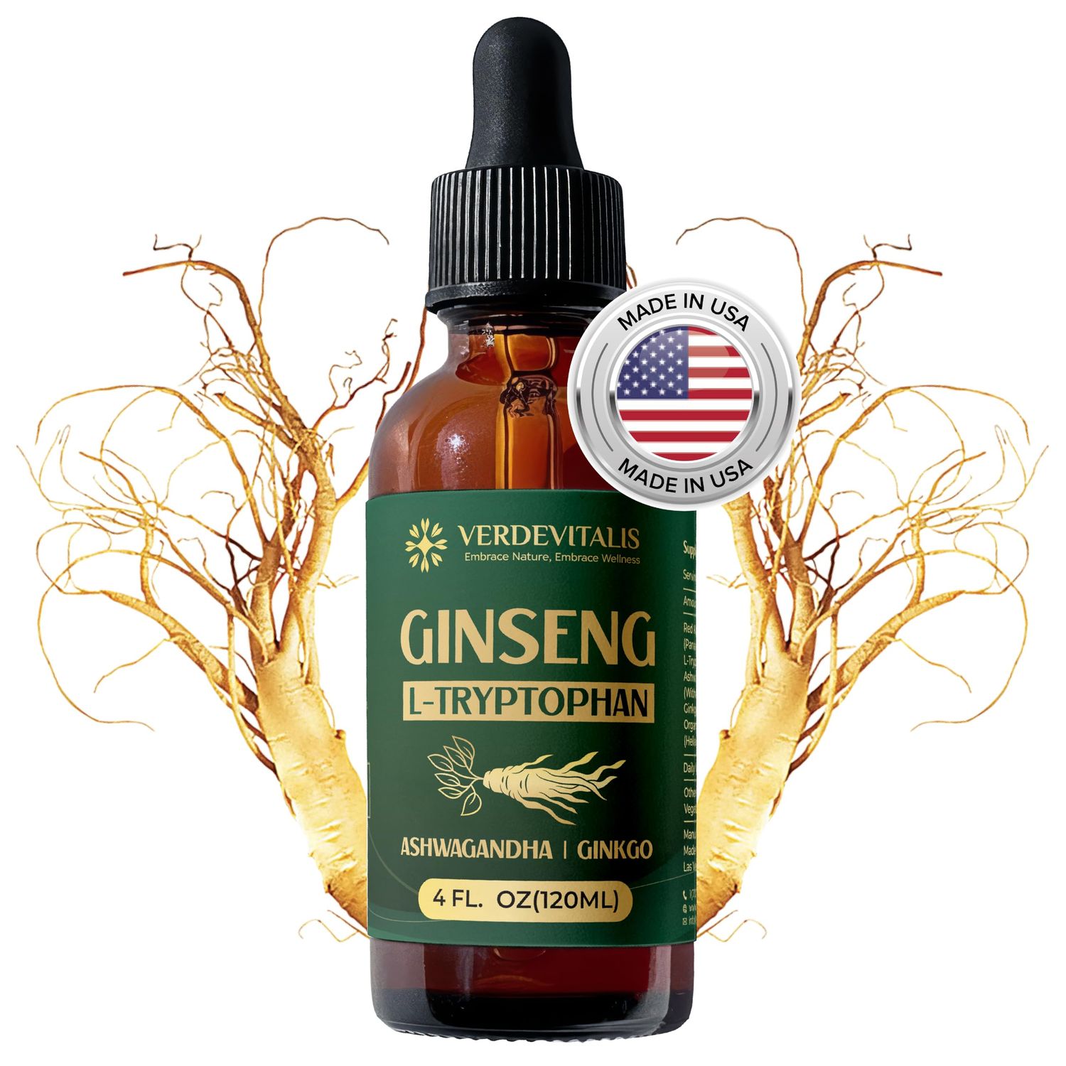 VERDEVITALIS Herbal Liquid Extract - Ginseng, L-Tryptophan, Ashwagandha, Ginkgo Biloba, Red Korean Panax - Cognitive Support, Energy Sleep Aid, Improves Memory- 4 fl oz