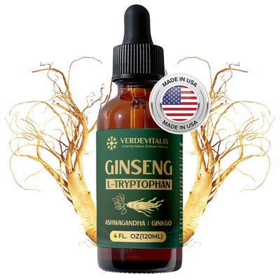 VERDEVITALIS Herbal Liquid Extract - Ginseng, L-Tryptophan, Ashwagandha, Ginkgo Biloba, Red Korean Panax - Cognitive Support, Energy Sleep Aid, Improves Memory- 4 fl oz