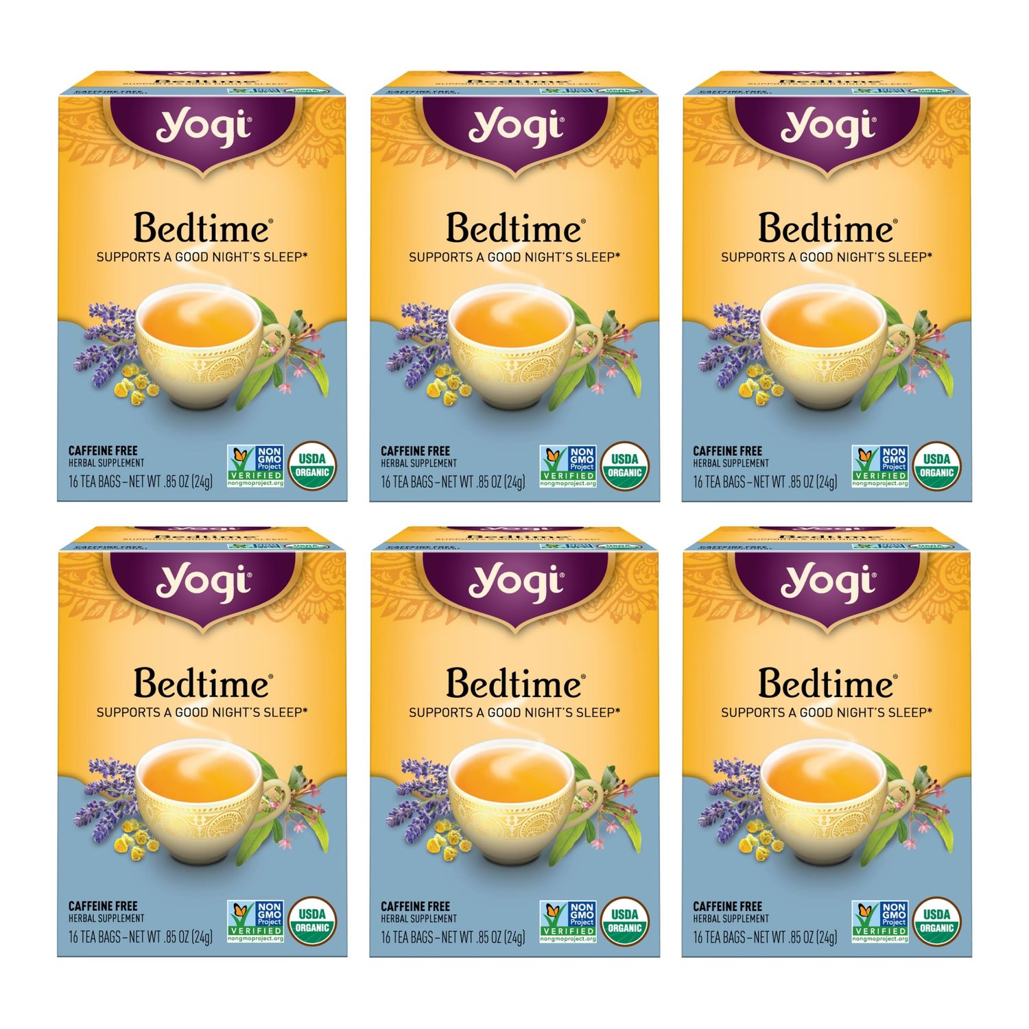 Yogi Tea - Bedtime (6 Pack) - Supports a Good Nights Sleep - Tea with Passionflower, Chamomile, Valerian Root, and Lavender - 96 Organic Herbal Tea Bags
