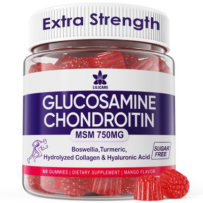 Glucosamine Chondroitin Gummies, Sugar Free Glucosamine Chondroitin MSM Supplement, Extra Strength with Boswellia Turmeric, Hydrolyzed Collagen Hyaluronic Acid, Bone Health for Men Women, 60 Cts