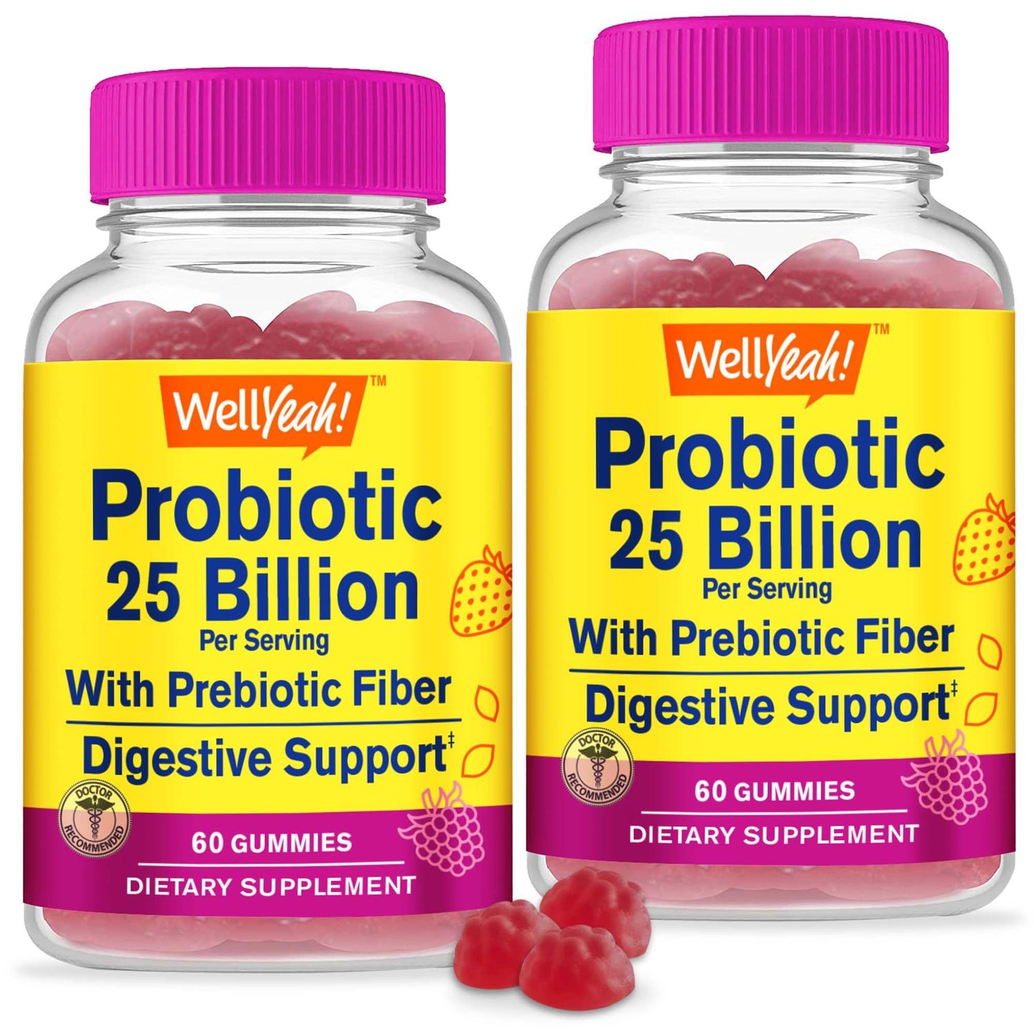 WellYeah (2 Pack 25 Billion Probiotics Prebiotics for Men and Women Gummies - Digestive Support, Gut Health, Immune Support Gummy - Probiotics for Digestive Health with 12 Strains - 60 Gummies