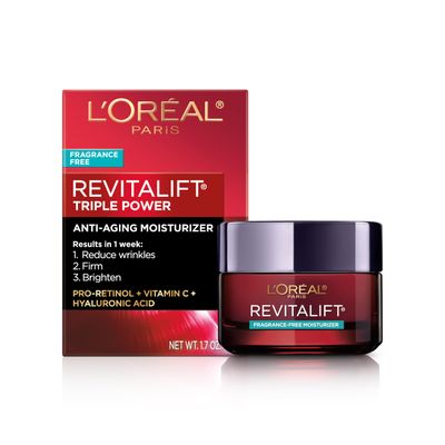 LOreal Paris Revitalift Triple Power Anti-Aging Face Moisturizer, Pro Retinol, Hyaluronic Acid Vitamin C, Reduce Wrinkles, Fragrance Free 1.7 Oz