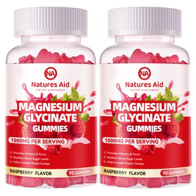 Magnesium Glycinate Gummies 1000mg - Sugar Free Magnesium Potassium Supplement with Vitamin D, B6, CoQ10 for Calm Mood Sleep Support - 180 Raspberry Gummies.