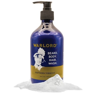 WARLORD 3-in-1 Mens Body Wash, Hair Shampoo Conditioner Beard Wash - Hydrating Formulated for Facial Hair wVitamin E Antioxidants for Sensitive Skin - Southern Tobacco, 16 oz bottle wpump