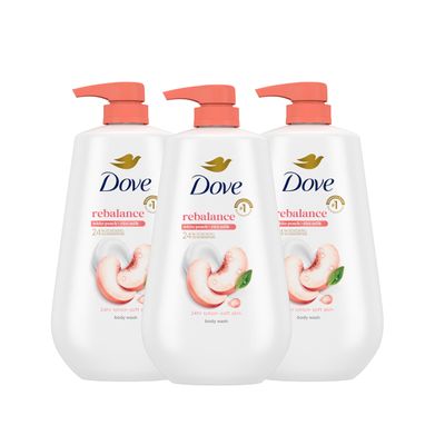 Dove Body Wash 3 Count Rebalance White Peach Rice Milk For 24hr Lotion-Soft Skin Moisturizing Skin Cleanser with No Sulfates No Parabens