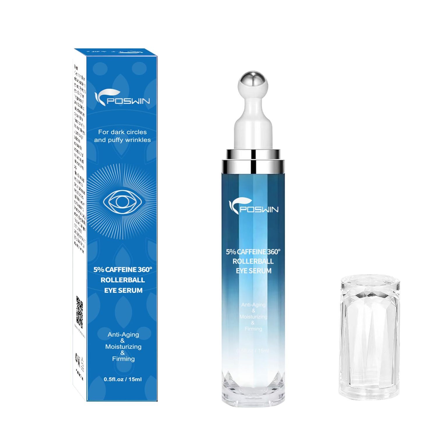 POSWIN Caffeine Eye Serum for Dark Circles - Under Eye Cream,Moisturizing Serum for Dark Circles, Puffiness Fine Lines, Eye Cream with 360 Eye Roller Massage Ball, 0.5 fl oz