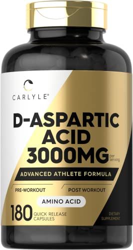 Carlyle D Aspartic Acid Supplement for Men and Women 3000mg 180 Capsules DAA Pills Advanced Athlete Formula Non-GMO Gluten Free Supplement