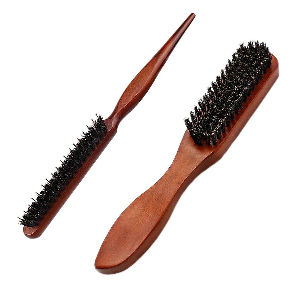 2 PCS Boar Bristle Hair Brush Set for Men Women Bristle Hair Brush for Slick Back Wet Hair and Beard Grooming Rat Tail Comb Teasing Comb Edge Beard Brush for Slicking Hair (2PCS)