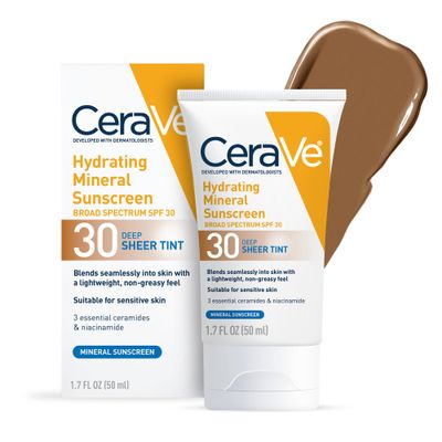 CeraVe Hydrating Mineral Sunscreen SPF 30 with Sheer Tint, Tinted Mineral Sunscreen with Zinc Oxide Titanium Dioxide, Blends Seamlessly For Healthy Glow, Deep, 1.7 Oz