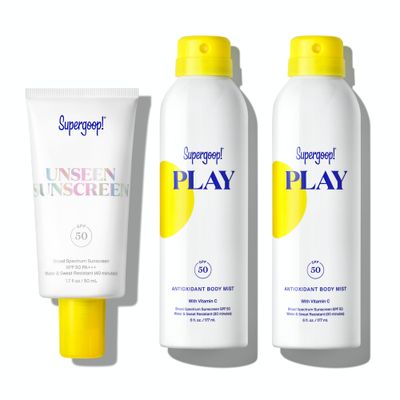 Supergoop! Unseen Sunscreen SPF 50 Invisible Sun Protection for Face (1.7 fl oz) PLAY Antioxidant Body Mist SPF 50 (Pack of 2, 6 fl oz Each) - Broad Spectrum Body Face Sunscreen for Sensitive Skin