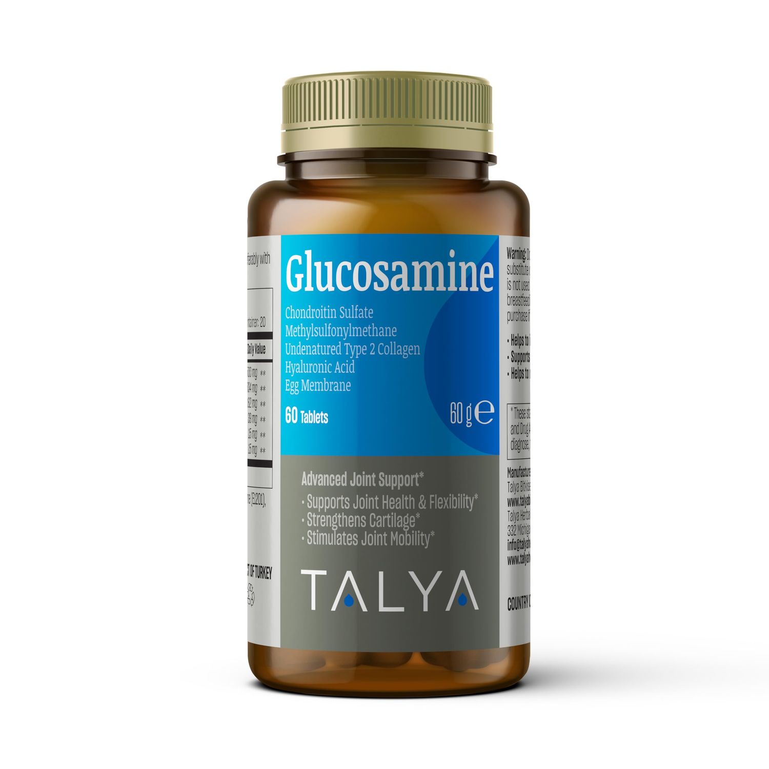 TALYA Glucosamine Supplement 1500 mg - 1 Month Supply - with Chondroitin, MSM, Collagen, Hyaluronic Acid - Non-GMO, 60 Tablets - Supports Joint Mobility and Comfort