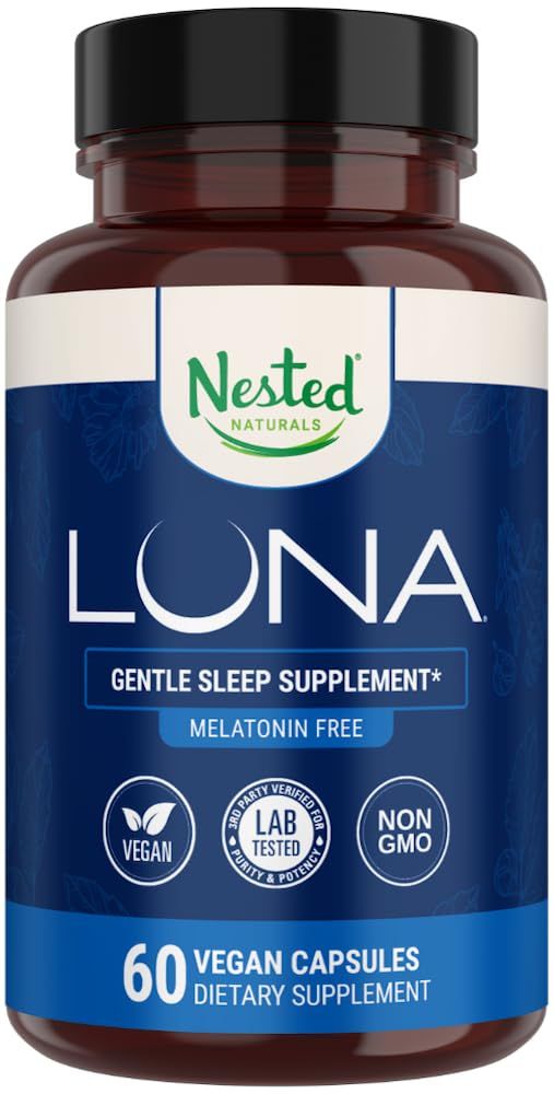 Nested Naturals Luna Sleep Supplement, Melatonin Free, Non-Habit Forming Herbal Sleep Supplement, Adult Bedtime Support, Help Sleeping wChamomile, Valerian, L-Theanine, 60 Vegan Capsules