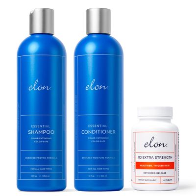 Elon Complete Care Kit for Thinning Hair - Elon Essential Shampoo Conditioner Set R3 Extra Strength Hair Growth Supplement - NO Sulfates, Parabens or Phthalates