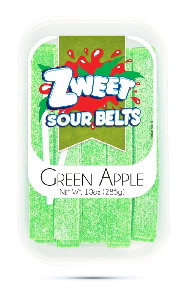 Zweet Sour Green Apple Candy Belts 10 Ounce - Sour Kosher Candy, Halal Candy Belts - Resealable Pack of Sour Licorice Belts