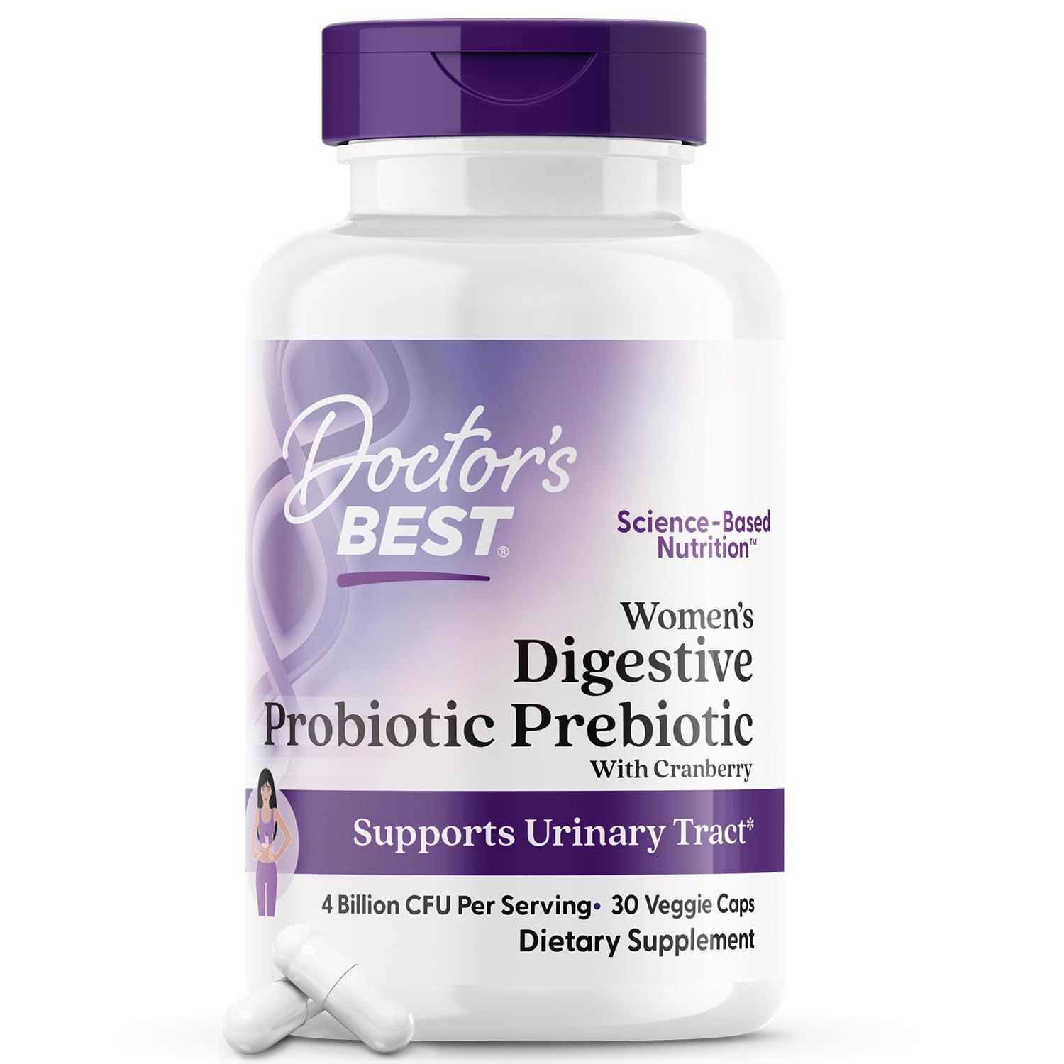 Doctor&#39;s BEST Womens Digestive Probiotic Prebiotic with Cranberry and PreforPro (4 Billion CFU), Supports Urinary Tract, Non-GMO, Vegan 30 Veggie Caps