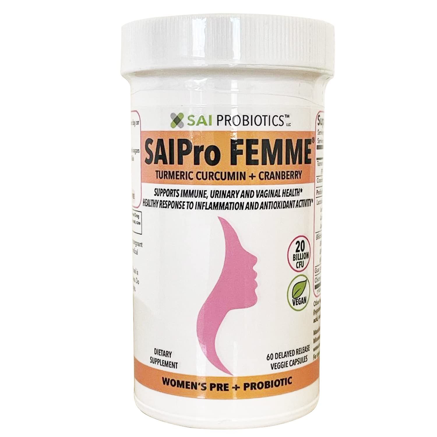 SAIPro Femme Pre and Probiotics for Women, Lactobacillus Acidophilus, 20 Billion CFU, Turmeric Curcumin Cranberry Extract for Digestive, Immune Feminine Support, Vegan, Soy Free, 30 Days Supply