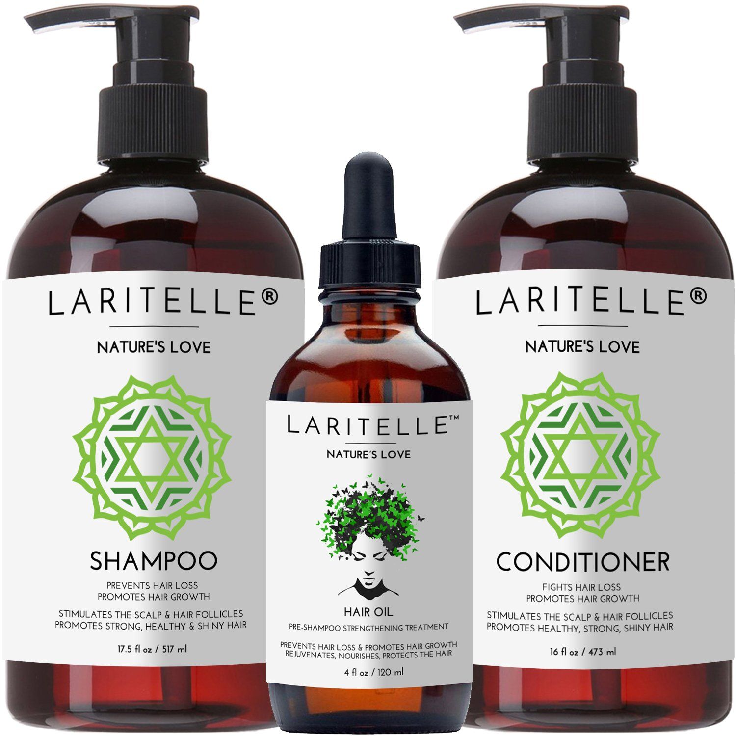 Laritelle Organic Hair Growth Set Shampoo 17 oz Conditioner 16 oz Hair Loss Treatment 4 oz Organic Quinoa Keratin Rosemary, Ginger Grapefruit NO GMO, SLS, Gluten, Parabens, Phthalates