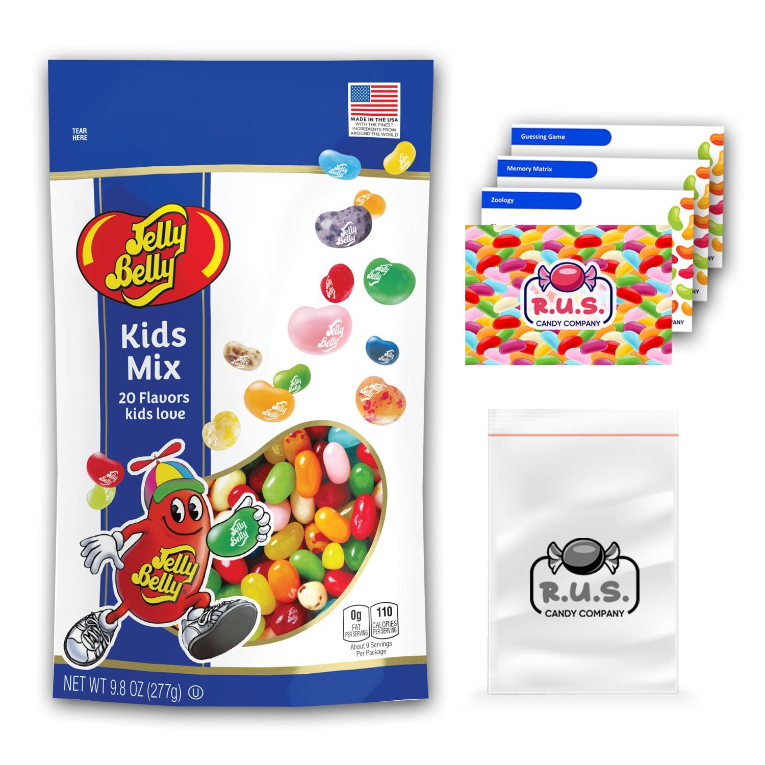 Jelly Belly Jelly Bean Assorted Flavor - 9.8oz Bag with R.U.S. Candy Pocket Size Travel Bag 3 R.U.S. Candy Cards (Kids Mix)