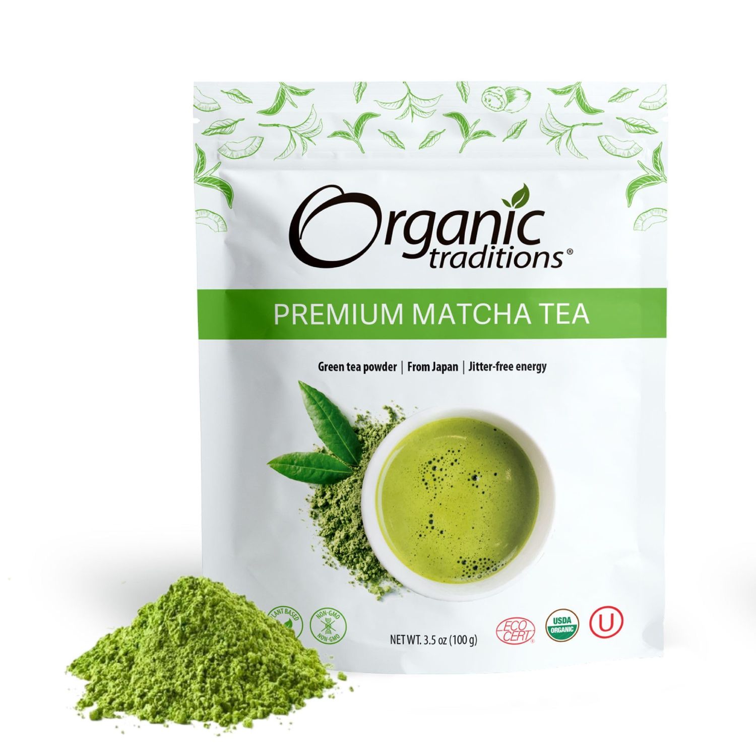 Organic Traditions Premium Matcha Tea, Matcha Green Tea Powder Sourced from Japan, Authentic Premium Grade Organic Tea, 100g3.5oz Bag