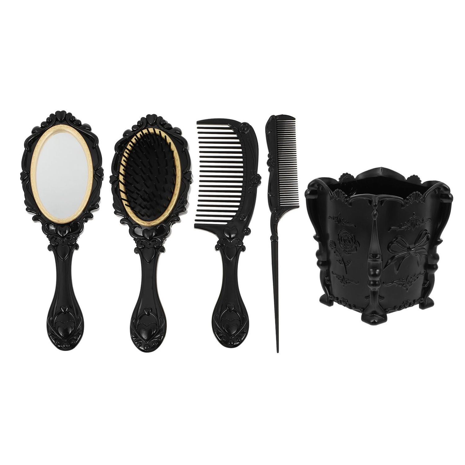 Vintage Makeup Set: Wide Tooth Comb, Round Mirror, Hair Brush with Holder, Detangling Brush, Rat Tail Comb, Hand Mirror, and Womens Wallet