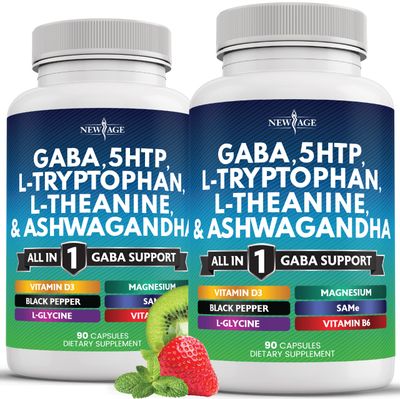 NEW AGE GABA 750mg 5 HTP 200mg L Tryptophan 500mg L Theanine 200mg Ashwagandha SAM-e L-Glycine - Vitamins for Women and Men with L-Tyrosine 5-HTP (5-Hydroxytryptophan) - 180 Count