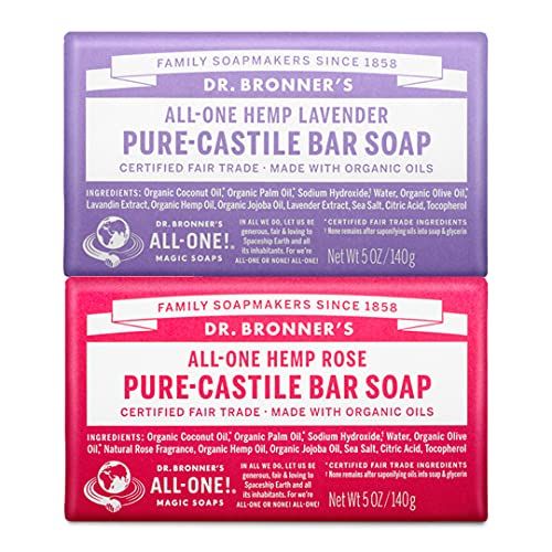 Dr. Bronner&#39;s - Pure-Castile Bar Soap (2-Pack Bundle, Rose Lavender) - Made with Organic Oils, For Face, Body and Hair, Gentle and Moisturizing, Biodegradable, Vegan, Cruelty-free, Non-GMO