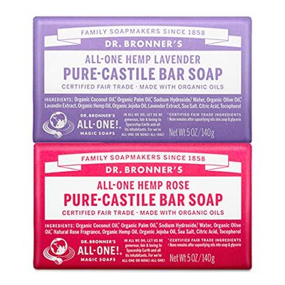 Dr. Bronner&#39;s - Pure-Castile Bar Soap (2-Pack Bundle, Rose Lavender) - Made with Organic Oils, For Face, Body and Hair, Gentle and Moisturizing, Biodegradable, Vegan, Cruelty-free, Non-GMO