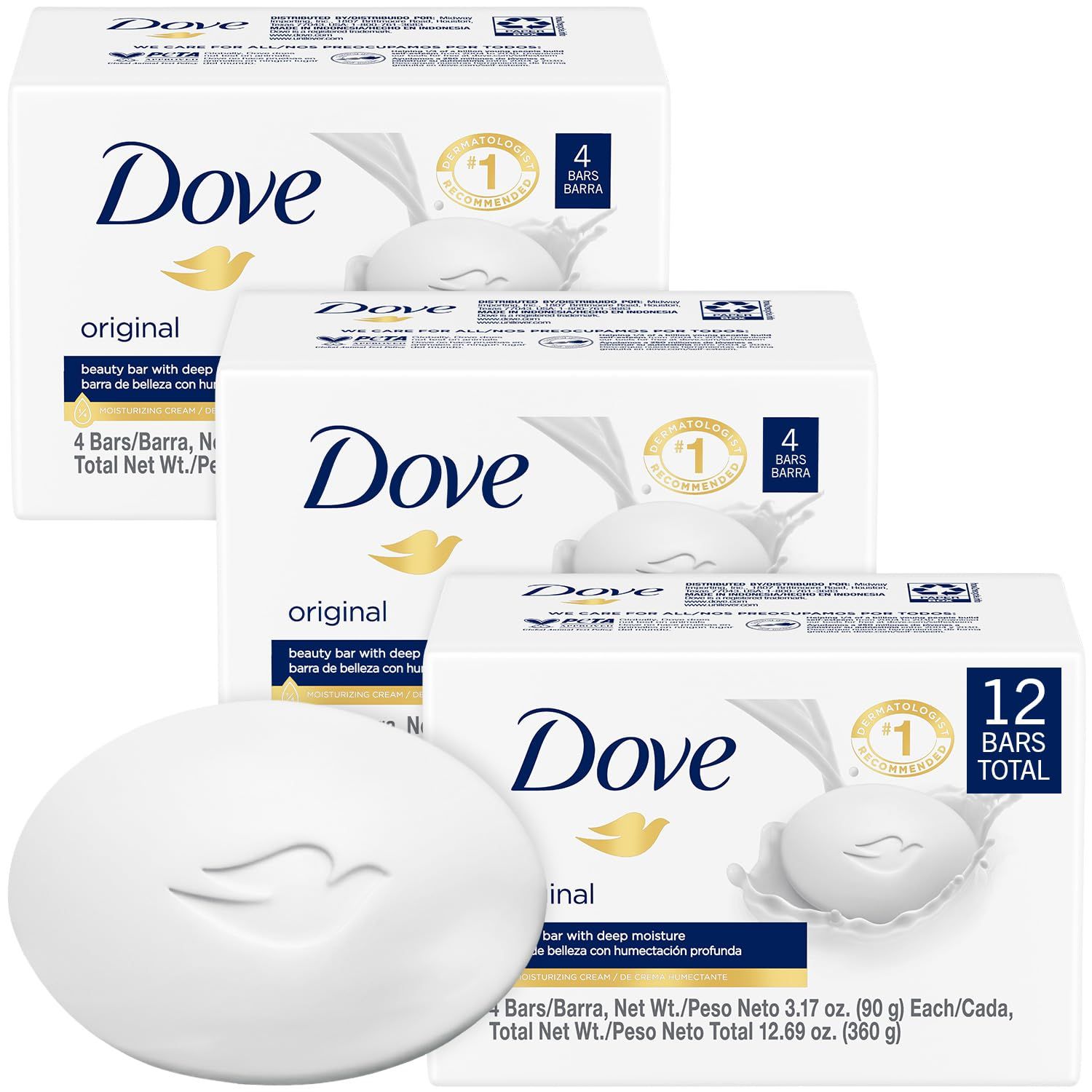 Dove Soap, Original Beauty Bar 3-Pack (12 Soap Bars) - 3-in-1 Moisturizing Face, Body Hand Soap, 3.17 Oz Ea