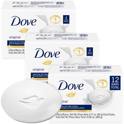 Dove Soap, Original Beauty Bar 3-Pack (12 Soap Bars) - 3-in-1 Moisturizing Face, Body Hand Soap, 3.17 Oz Ea