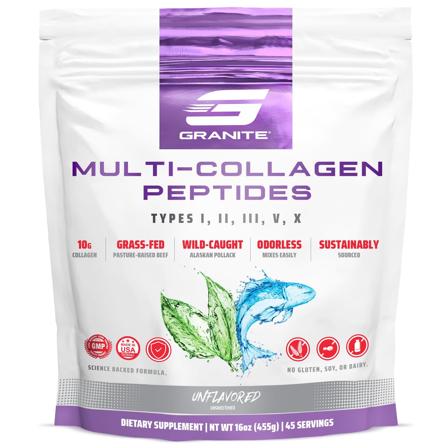 Granite Supplements Collagen Peptides Powder - Hair Skin and Nails Vitamins with Type I, II, III, V, X Hydrolyzed Collagen Peptides for Nail Growth, Bone, Mobility, Joint Support (16oz)