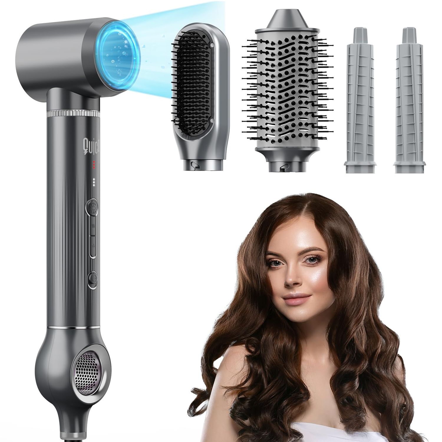 5 in 1 Hair Dryer Brush, QUICO Hair Styler 110,000 RPM 7X Faster Hair Dryers for Women 500 Million Negative Ionic Volumize Blow Dryer Brush, Hair Straightener, Air Wrap Curler No Heat Damage