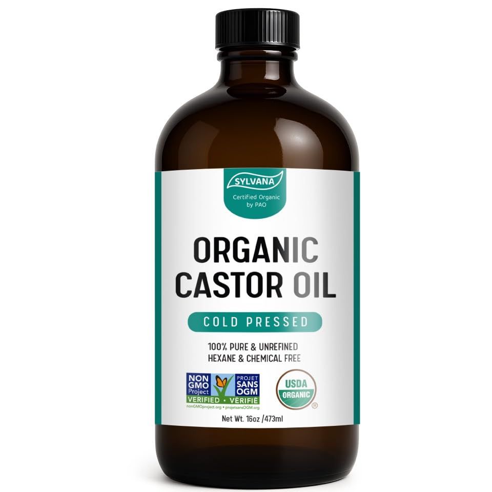 SYLVANA Organic Castor Oil - Cold-Pressed, Hexane-Free, Vegan (16oz) - Nourishing Hair Skin Treatment, Lash Brow Serum16oz