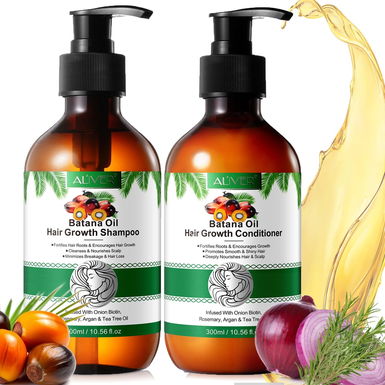 Batana Oil Shampoo and Conditioner Set 600ML, Organic Batana Oil with Onion Shampoo and Conditioner for Men and Women Daily Hair Care, Batana Oil for Hair Growth for Thinning Hair Hair Loss
