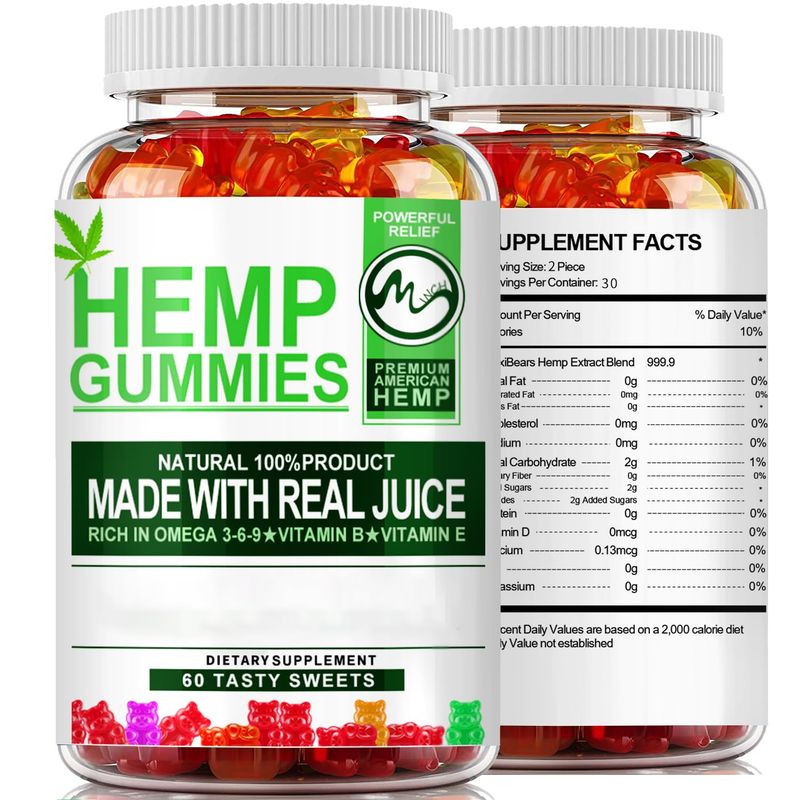 M inch 2 Pack Hemp Gummies 1 200 000mg High Strength Stress Relief Fruity Gummy Bear with Hemp Oil 100percent Natural Hemp Candy Supplements Promotes Sleep and Calm Mood 60 Count Pack of 2