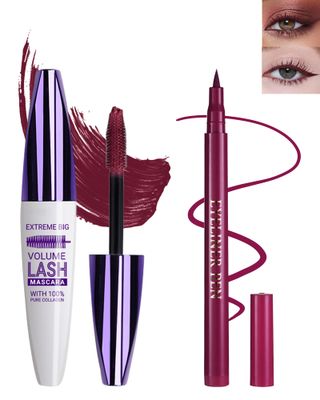 Burgundy Waterproof Mascara Eyeliner, 5D Silk Fiber Lash Extension Colored Tube Mascara Volume and Length,Long-Lasting Smudge-Proof Volumizing Colorful Mscara Liquid Eyeliner Pen Set for Women